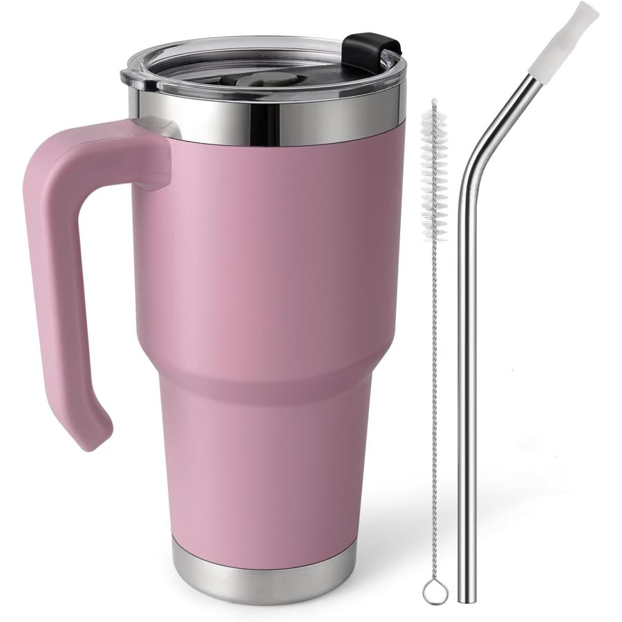 EQARD 30 oz Tumbler with Handle Straw Cup Travel Mug with Leakproof Lid Vacuum Insulated Stainless Steel Mug with Straw and Brushes All BPA Free