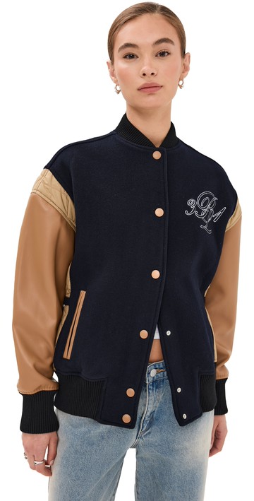 3.1 Phillip Lim Boxy Fit Varsity Bomber Jacket Midnight/Black/Latte L