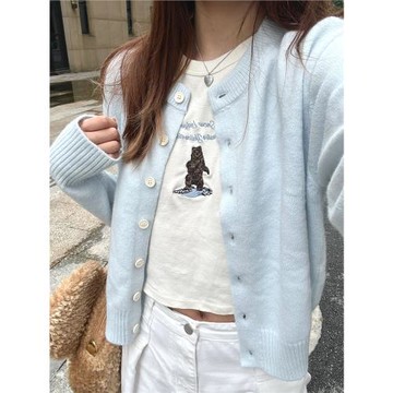 Brandy純欲風軟糯感奶藍色針織毛衣開衫女秋季新款bm簡約短外套