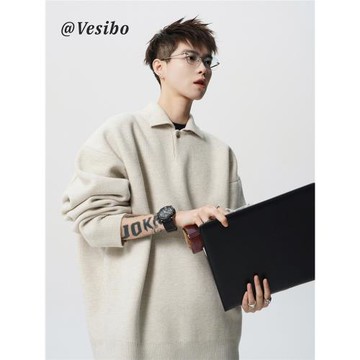 (免運)重磅潮牌慵懶風針織衫男冬美式百搭翻領情侶毛衣cleanfit線衣外套