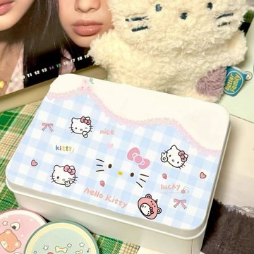 🐈台灣出貨 格子小貓鐵盒 馬口鐵盒 韓系飾品盒 小卡收納盒 吧唧收納盒 鐵盒 貼紙盒 紙條整理盒 桌面收納盒 帶蓋盒子
