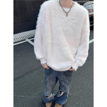 白色水貂絨軟糯毛衣男士秋冬季慵懶風外穿cityboy寬松情侶針織衫