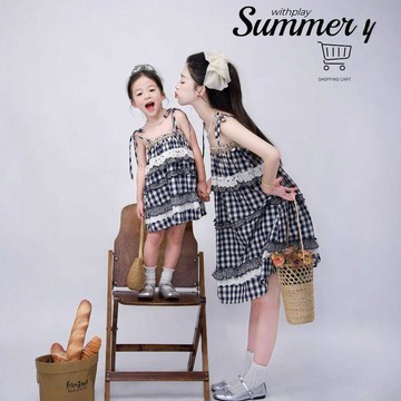 7462 名資深買家🥺親子裝甜美蛋糕裙田園格子裙母女貝殼蓬蓬裙抹胸吊帶連衣裙BMOF