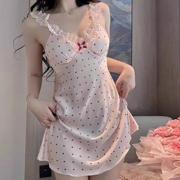 性感睡衣 帶胸墊 花邊甜美短裙 冰絲吊帶睡裙 蕾絲  家居服 大碼 寬鬆睡衣 休閒 少女 可外穿 睡衣套裝