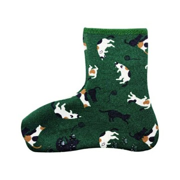 日本 Poka 保暖襪-綠底貓咪 裏起毛 襪套 室內拖鞋 防滑鞋底 襪子 短襪 地板襪＊夏日微風＊