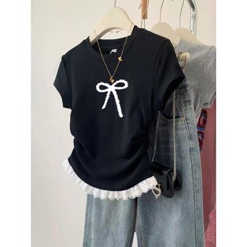 2025新款夏季正肩短袖T恤女蝴蝶印花設計感小眾打底蕾絲上衣ins潮