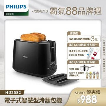 【Philips 飛利浦】電子式智慧型烤麵包機_HD2582(黑)