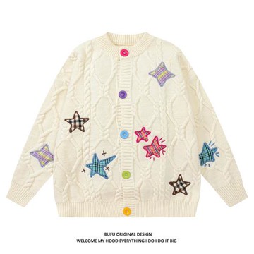 億萬少年國潮牌奶甜系刺繡毛衣開衫男女情侶復古oversize慵懶外套