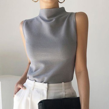 韓國chic夏季新款簡約立領光澤感修身顯瘦無袖針織背心馬甲女