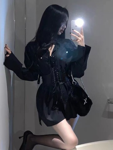 泡泡袖連衣裙可露肩設計感法式系帶腰封襯衫裙女高級感小個子春秋