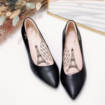 啞光黑-羊皮尖頭低跟鞋