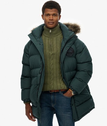 Superdry Men's Everest Longline Baffled Parka Green Size: M
