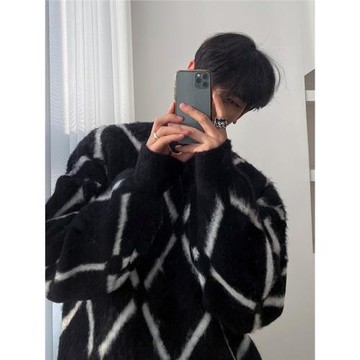 圓領毛絨格子毛衣男秋冬潮流寬松毛線衣情侶款紅色新年針織衫外套