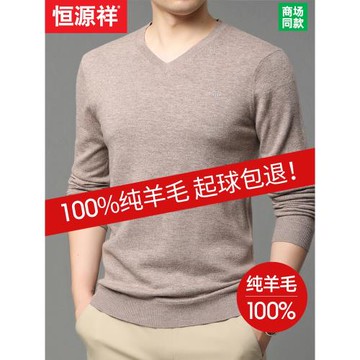 恒源祥100純羊毛V領針織衫男春秋中年男士打底毛衣薄款羊毛衫上衣