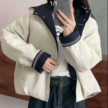 愛依依  短外套 衝鋒衣  保暖外套 風衣外套 連帽棉衣  S-L秋冬洋氣百搭撞色加棉連帽外套-9287.