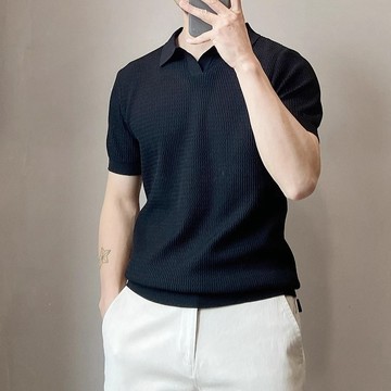 美式輕熟風坑條針織polo衫男 薄款緊身型短袖肌肉男冰爽絲線衣男