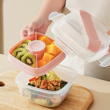 便攜式正方形雙層保鮮餐盒(附餐具&醬料盒)-950ml-3入-多色可選 櫻花粉