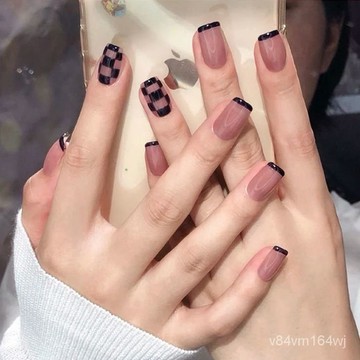 【優選好物】美甲貼片小紅書穿戴甲片棋盤格美甲網紅ins風法式短款假指甲貼片jioyh XgYT