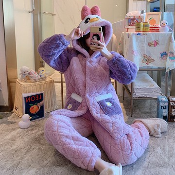 秋冬珊瑚絨睡衣女加厚三層夾棉保暖可愛甜美學生可外穿家居服套裝