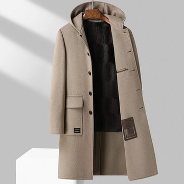[米蘭精品] 羊毛大衣休閒外套-雙面毛呢連帽羊毛大衣男外套2色74id22