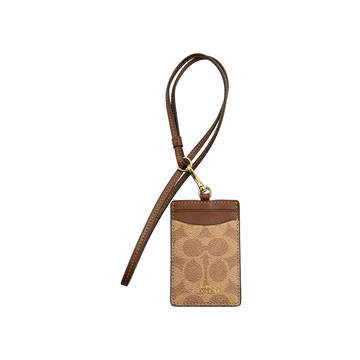 COACH卡其棕C LOGO PVC拼接皮革頸掛式證件票卡夾