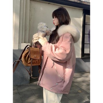 粉色大毛領亮片拼接工裝派克服女冬2024新款加絨棉服棉衣韓系爆款