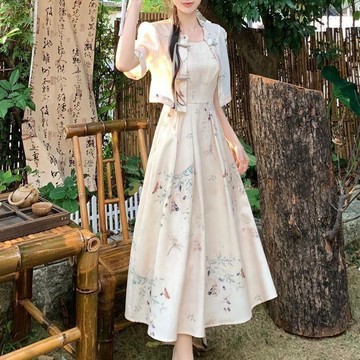 新中式寬鬆國風漢服薄款連衣裙改良套裝 夏季新款小個子兩件套