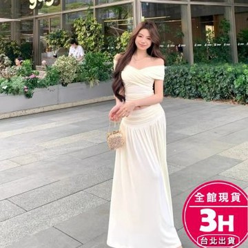 【梨卡】隔日到貨 女裝【套裝】上衣 長裙 一字領縮腰 短版上衣 氣質長裙 設計感套裝 修身長裙 HZ038【現貨24H】