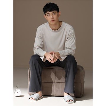 2025年新款睡衣男春秋款純棉長袖圓領套頭純色簡約全棉家居服套裝