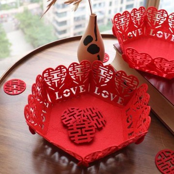 創意結婚紅喜字中式無紡布果盤喜糖收納糕點早生貴子籃子婚房布置
