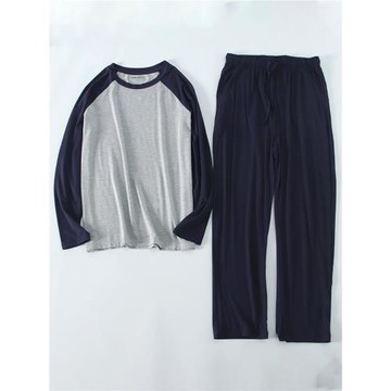 睡衣男夏天莫代爾薄款寬松休閑圓領套頭長袖長褲春秋家居服套裝