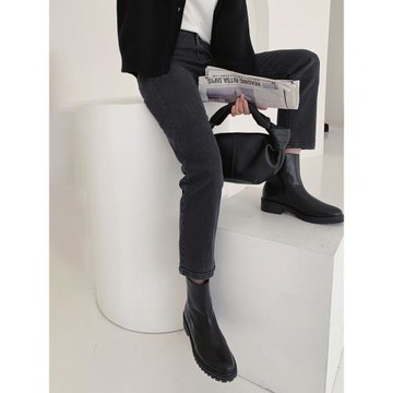 黑灰色直筒牛仔褲女高腰2025年秋冬新款薄絨顯瘦小個子加絨煙管褲