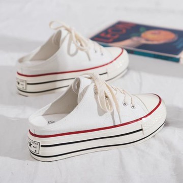 內增高6cm半托帆布鞋女春夏學生小白鞋2025新款外穿半拖厚底板鞋