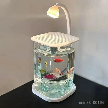 🐠 鬥魚超白玻璃魚缸 小型懶人桌麵魚缸 客廳創意擺件 內置觀賞燈 一體化生態缸 辦公室減壓裝飾