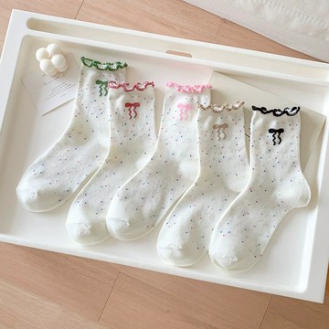 D315 高顏值木耳邊中筒襪子女春秋款蝴蝶結卡通長襪簡約百搭學生堆堆襪