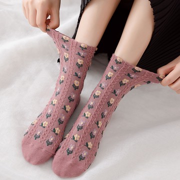 女士復古森系襪子 甜美碎花中筒襪