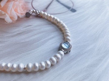 天然淡水珍珠 海藍寶 || 舒壓 溝通自信 感情的承諾 水晶手鍊