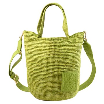 LOEWE Slit Mini 經典皮標徽章LOGO手提兩用草編包.草綠