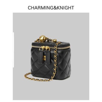 真皮女包小香風金球盒子小方包高級感香納兒菱格鏈條包斜挎口紅包