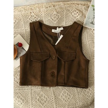 復古設計感咖色V領馬甲背心女秋季2025新款寬松外搭疊穿短款馬夾