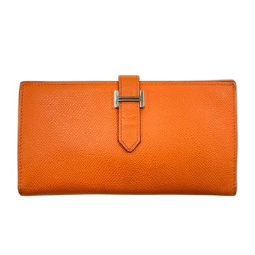【二手名牌BRAND OFF】HERMES 愛馬仕 橘色 Epsom皮革 Bearn 三折 長夾 口P刻
