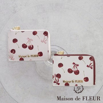 Maison de FLEUR 甜美櫻桃絲帶印花卡片夾設計拉鍊錢包(08000894000)