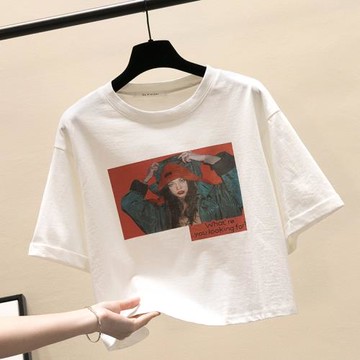 歐洲站高腰短款白色t恤女夏季新寬松復古時尚百搭設計感印花上衣