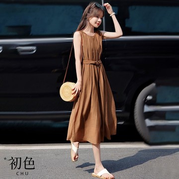 初色  簡約風純色壓摺腰帶清涼無袖修身寬鬆圓領中長裙連身洋裝長洋裝-棕色-34903(M-2XL可選)