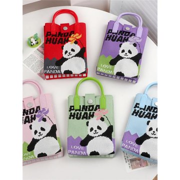 手機包熊貓針織手提包包新款迷你零錢出門收納通勤斜跨小包包