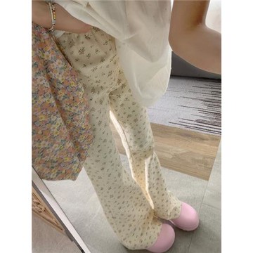 ASHENONLINE奶派甜心 褲子女夏季休閑高腰修身純棉長款碎花喇叭褲