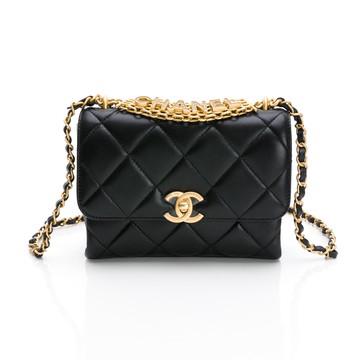 CHANEL Mini Flap bag 鑲鑽手提字母LOGO皮穿鍊條菱格包(細紋提把金色鏈帶+CHANEL鑲鑽字樣)