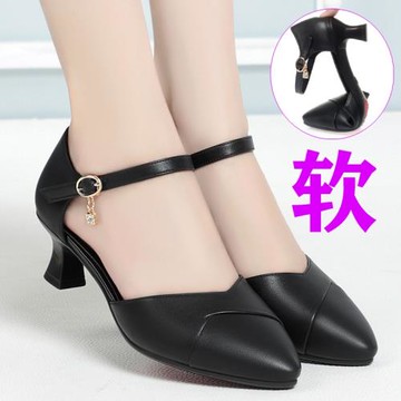 2024夏季新款一字帶包頭涼鞋女小跟中跟中空單鞋工作鞋黑色高跟鞋