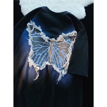 JIANYINZ美式甜酷蝴蝶貼布短袖T恤男女寬松設計感流蘇ins情侶上衣