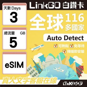 LINKGO白鑽卡 全球116國 eSIM卡 3天上網卡 總流量5GB(全球網卡 亞洲 歐洲 美洲 大洋洲 非洲)